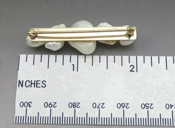 Antique c1920 14K Yellow Gold & Natural Baroque Pearl Bar Pin/Brooch