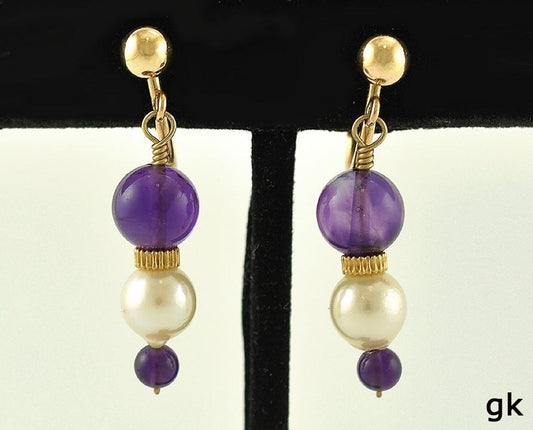 Beautiful 14k Yellow Gold Genuine Amethyst Pearl Clip On Earrings