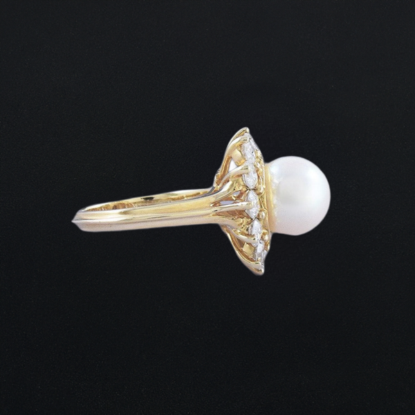 Gorgeous 14k Yellow Gold 9.2mm Pearl 1.20ct Diamond Halo Ring Size 5.25