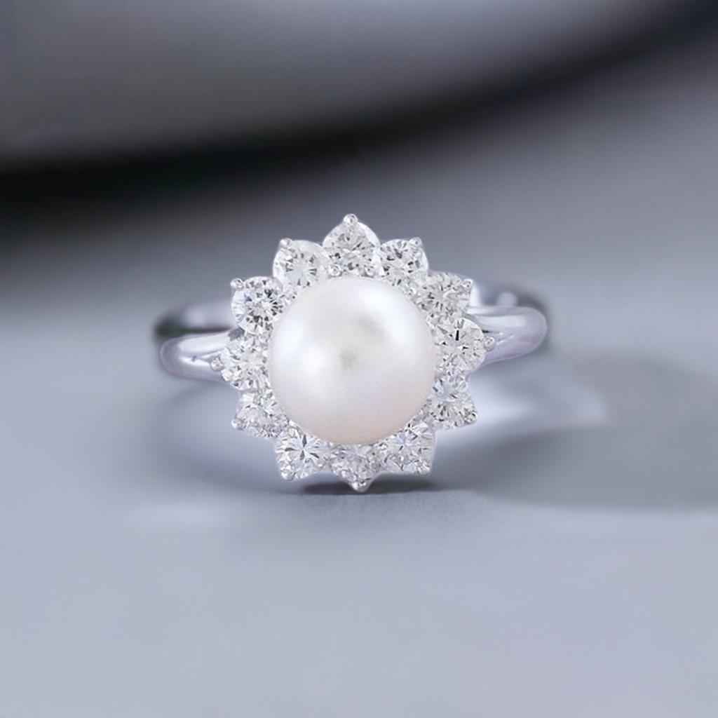 Dazzling 14k White Gold 8.7mm Pearl & ~1.2-1.3ct Diamond Ring Size 8.75