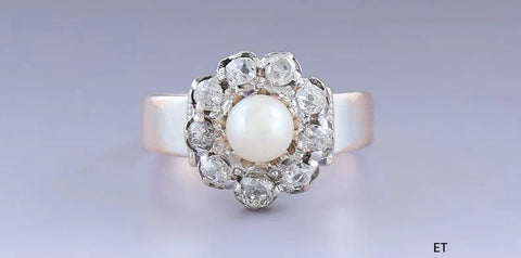 Pretty Antique 19th Century 18K Gold Mine Cut Diamond & Natural Pearl Halo Ring