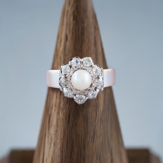 Pretty Antique 19th Century 18K Gold Mine Cut Diamond & Natural Pearl Halo Ring
