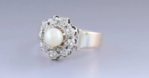 Pretty Antique 19th Century 18K Gold Mine Cut Diamond & Natural Pearl Halo Ring