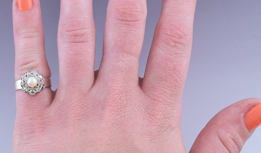 Pretty Antique 19th Century 18K Gold Mine Cut Diamond & Natural Pearl Halo Ring