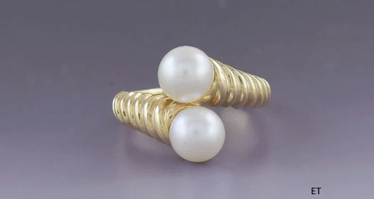 Attractive Double Pearl 14k Yellow Gold Bypass Shrimp Ring