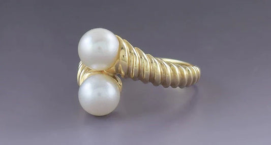 Attractive Double Pearl 14k Yellow Gold Bypass Shrimp Ring