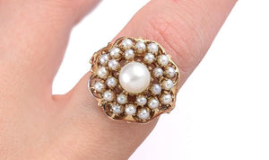 Gorgeous 10k Yellow Pearl Halo Cluster Ring Size 5.25