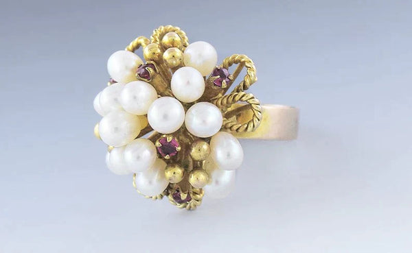 Luminous 14k Yellow Gold Ruby & Pearl Cocktail Ring Size 6