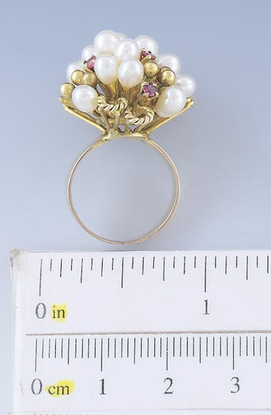 Luminous 14k Yellow Gold Ruby & Pearl Cocktail Ring Size 6