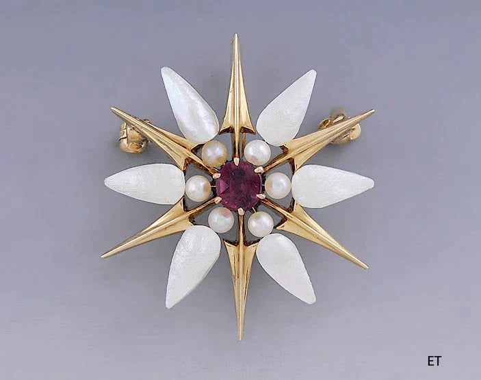 Lovely American Victorian 14k Gold Ruby Pearl Star Brooch/Pendant