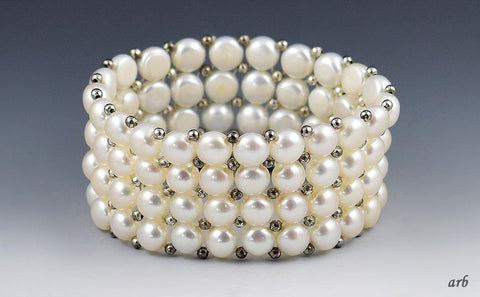 Queenly Vintage Real Pearl Quilted Bracelet w/ Silvery Bead Accents