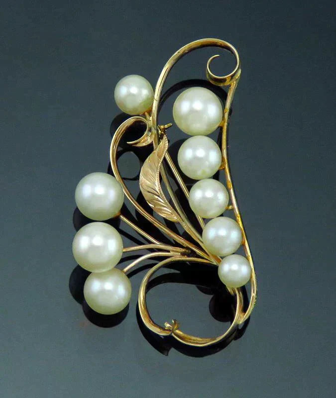 Vintage Japanese 14K Yellow Gold & Pearl Openwork Form Pin/Brooch 2" 6.4grams