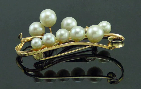 Vintage Japanese 14K Yellow Gold & Pearl Openwork Form Pin/Brooch 2" 6.4grams