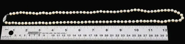 Necklace of Individually Knotted White Pearls w/ 14k White Gold Filigree Clasp