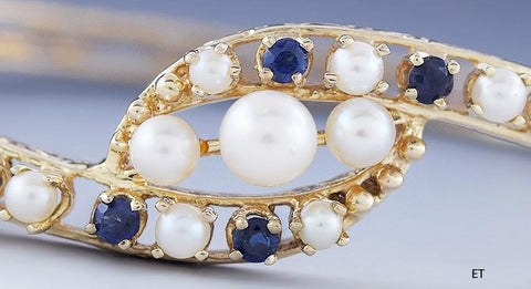 Lovely 14k Gold Sapphire & Pearl Bypass Style Hinged Bracelet