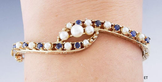 Lovely 14k Gold Sapphire & Pearl Bypass Style Hinged Bracelet