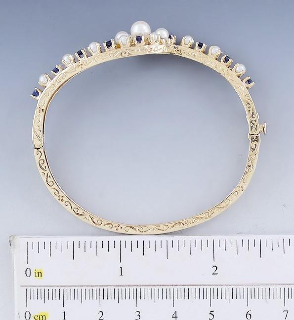 Lovely 14k Gold Sapphire & Pearl Bypass Style Hinged Bracelet