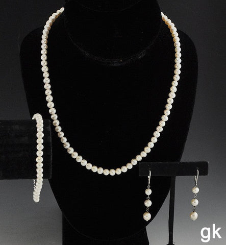 Beautiful 3 Pc Genuine Pearl Jewelry Sterling Silver Necklace Bracelet Earrings