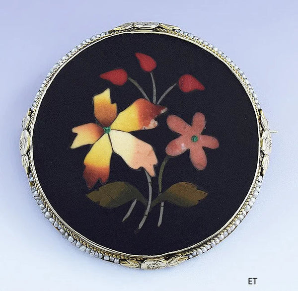 c1900-1925 Fine Italian 14k Gold Floral Pietra Dura Seed Pearl Pin / Brooch