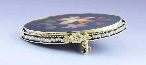 c1900-1925 Fine Italian 14k Gold Floral Pietra Dura Seed Pearl Pin / Brooch