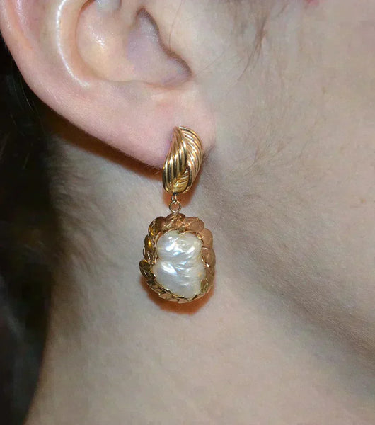 Gorgeous Pair 14k Yellow Gold Baroque Keshi Pearl Drop Dangle Earrings