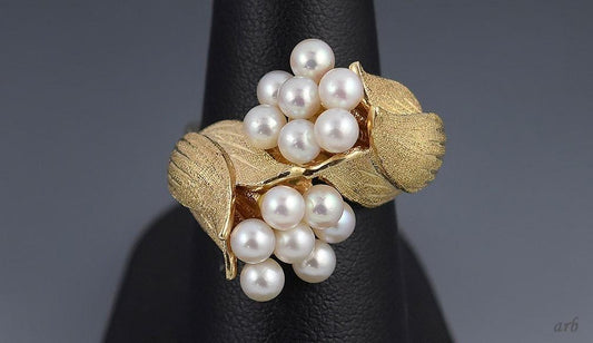 Tulip Form 14k Yellow Gold and Pearl Double Bypass Engraved Ring Sz 6