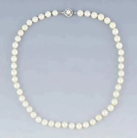 Beautiful Single Strand 6.5mm Pearl Necklace w 14k White Gold Filigree Clasp