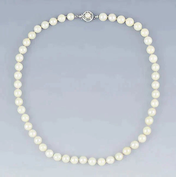 Beautiful Single Strand 6.5mm Pearl Necklace w 14k White Gold Filigree Clasp