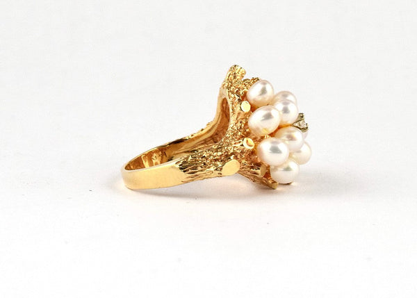 Elegant 14K Yellow Gold Pearl Ring w/Diamond and Nine Pearls, Size 5