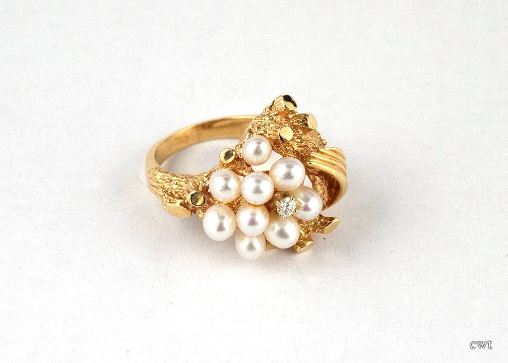 Elegant 14K Yellow Gold Pearl Ring w/Diamond and Nine Pearls, Size 5