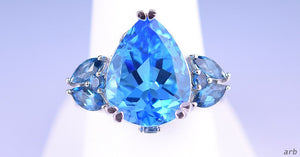 Thai Sterling Silver and Blue Pear-Shaped Topaz Ring w/ 6 Accent Topaz, Sz 8.25