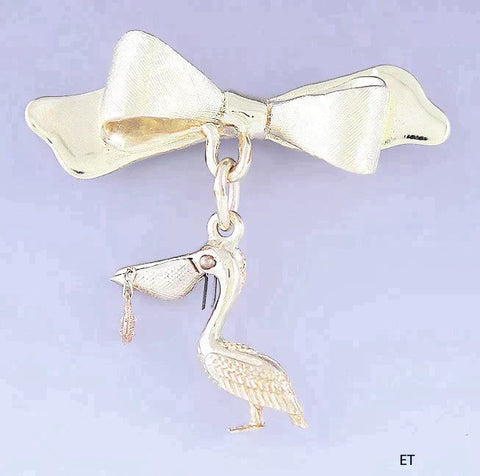 14k Yellow Gold Articulated Pelican and Fish Bow Pin Brooch Charm
