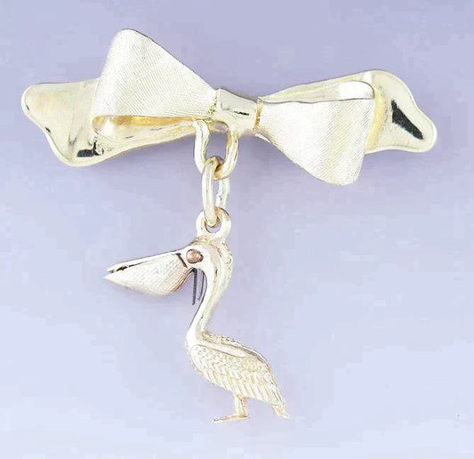 14k Yellow Gold Articulated Pelican and Fish Bow Pin Brooch Charm