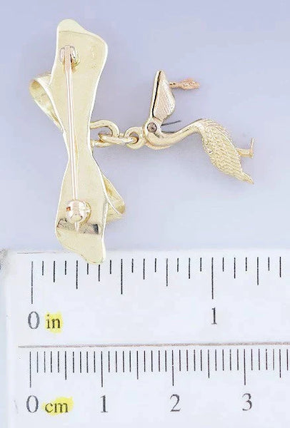 14k Yellow Gold Articulated Pelican and Fish Bow Pin Brooch Charm