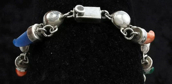 Sterling Silver and Genuine Stone and Glass "Fang" Bracelet Mexican