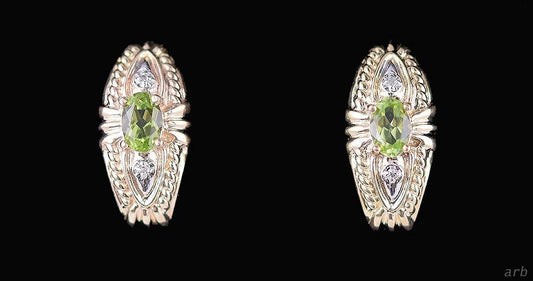 Sparkling Pair of 14k Yellow Gold Pierced Earrings w/ Diamonds and Green Peridot