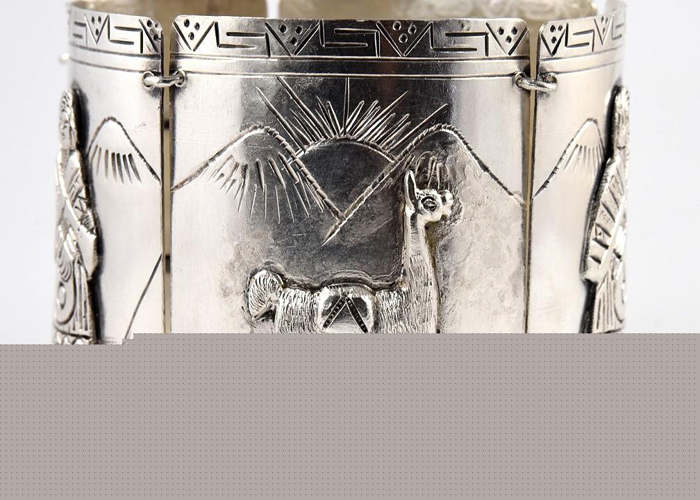 Terrific Peruvian Sterling Silver Engraved Bracelet w/ Andes Mtns, Llamas, Women