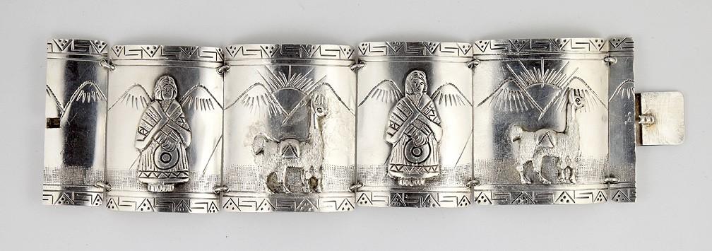 Terrific Peruvian Sterling Silver Engraved Bracelet w/ Andes Mtns, Llamas, Women