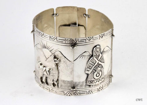 Terrific Peruvian Sterling Silver Engraved Bracelet w/ Andes Mtns, Llamas, Women