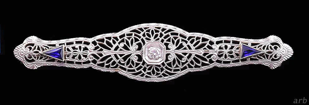 Chic Antique 14k White Gold Filigree Bar Pin w/ Diamond and Synthetic Sapphires