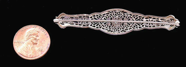 Chic Antique 14k White Gold Filigree Bar Pin w/ Diamond and Synthetic Sapphires