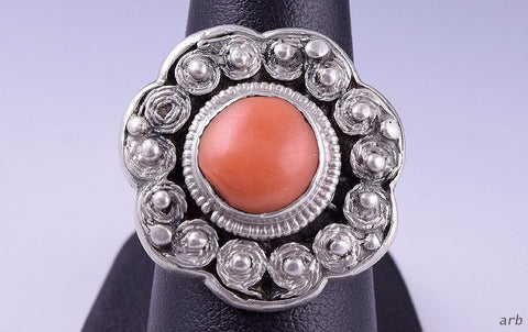 Antique Chinese Sterling Silver Flower Ring Red Coral Size 8.5