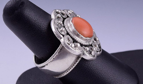 Antique Chinese Sterling Silver Flower Ring Red Coral Size 8.5