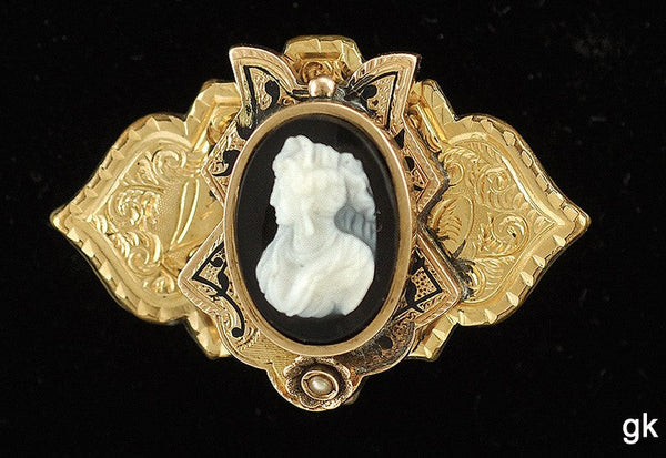 Antique Victorian 10k Gold and Gold Filled Enamel Cameo Pin/Brooch