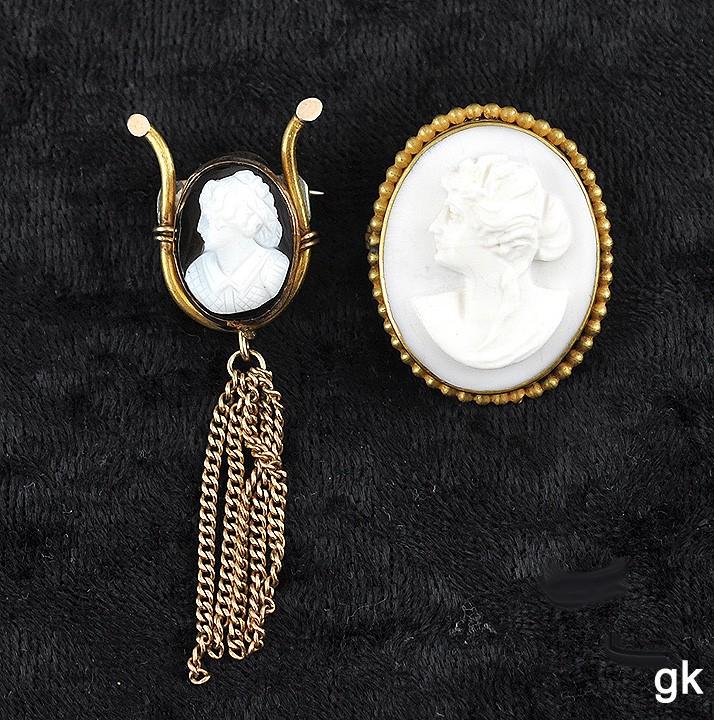 2 Antique Victorian Genuine Left Facing Cameo Gold Filled Pins/Brooches