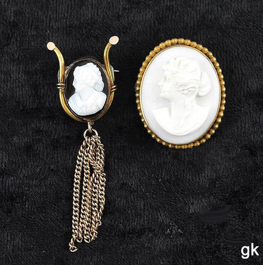 2 Antique Victorian Genuine Left Facing Cameo Gold Filled Pins/Brooches
