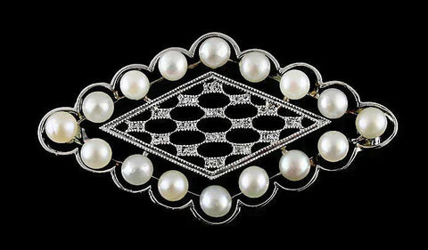 Stunning Edwardian Early Art Deco Platinum Filigree Pearl Diamond Pin Brooch