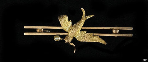 Charming Antique 10k Yellow Gold Pearl Cute Bird Swallow Sparrow Bar Pin