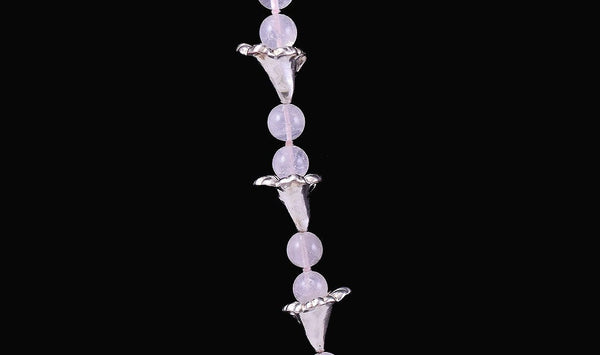 Gleaming Silver and Pale Pink Rose Quartz Long Necklace w/ Floral Motif