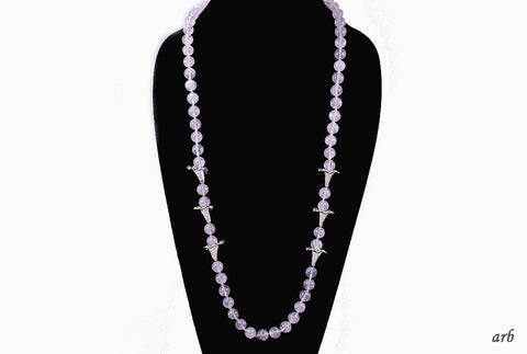 Gleaming Silver and Pale Pink Rose Quartz Long Necklace w/ Floral Motif